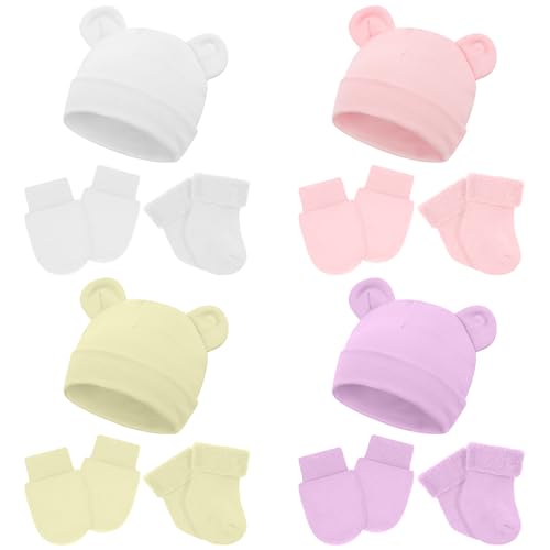 Cuffbow 4 Pcs Preemie Hats Mittens and Socks Set Preemie Mittens Warm Terry Socks for Baby