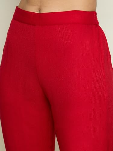 Image of Women Woollen Embroidered Round Neck Short Kurta With Pencil Pants