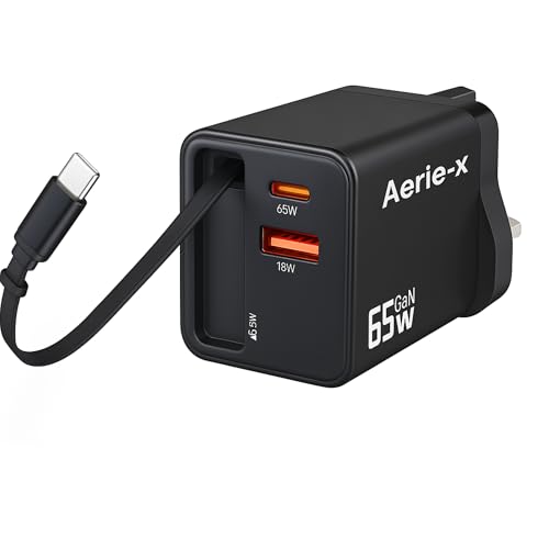 Aerie-X 65W GaN Fast Charger with Retractable Type-C Cable, Dual USB-C & USB-A Multi-Port Charging Station, Compact Travel Wall Adapter for Laptops, Tablets, Smartphones, Earbuds – UK Plug, Black Aerie-X 65W GaN Fast Charger with Retractable Type-C Cable, Dual USB-C & USB-A Multi-Port Charging Station, Compact Travel Wall Adapter for Laptops, Tablets, Smartphones, Earbuds – UK Plug, Black