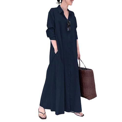 chouyatou Women's Basic Loose Fit Long Sleeve Button Up Maxi Shirt Dress with Pockets (Large, Navy Blue)