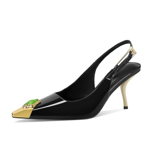 Women Slingback Sandals Stiletto Pumps Metal Kitten Heels Pointed Closed Toe Heeled Sandals Fashion Party Wedding Shoes with Crystals