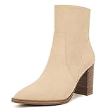 LAICIGO Women's Pointed Toe Ankle Boots Chunky Stacked Heel Side Zipper Faux Suede Ankle Booties, Beige, Size 9