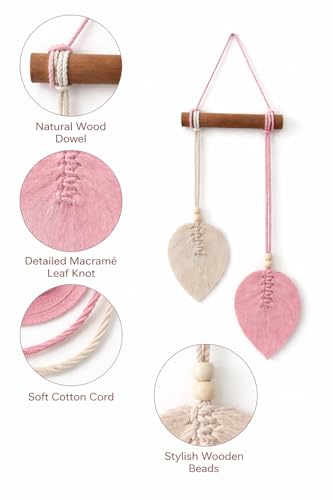 Image of AdFashionble Boho Macrame Wall Hanging Leaf Decor for Home, Living Room & Bedroom | Cotton Thread Art with Wooden Rod | Minimalist Handmade Wall Decoration | Aesthetic Nordic Wall Art for Home, Office & Gift Purpose Lenght- 58 cm Width- 15 cm (PASTEL PINK & OFFWHITE)