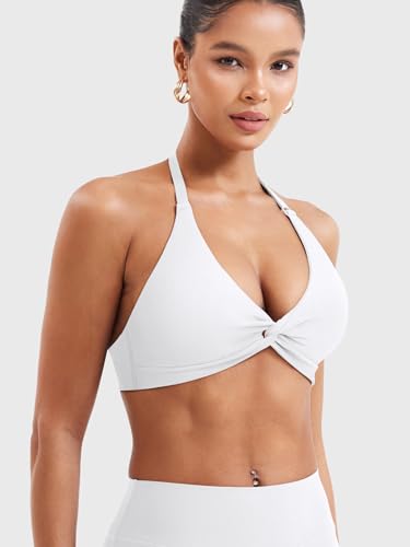Image of YEOREO Halter Sports Bras for Women Low Impact Removable Padded Adjustable Deep V Bra Seamless Workout Gym Crop Tops