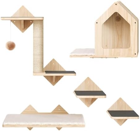HOOBRO Wood Cat Wall Shelves, Set of 5 Cat Wall Mounted Furniture, Cats Climbing Shelves with House, Steps, Scratching Post, Perch, Sturdy and Anti-Slip, Natural NL43CS03G1