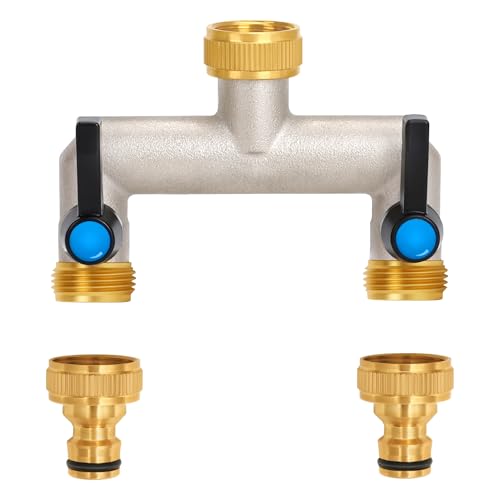 OPERMAXER 2-Wege Wasserhahn Wasserverteiler, Verlängerter Griff, 3/4 Zoll Messing Wasseranschluss Verteiler mit individuellem Absperrhähnen，2er Verteiler 3/4' Adapter 1/2' für Geräte/Gartenschläuche