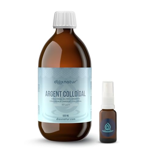 DIOXNATUR® Argent colloïdal 20 ppm 500 ml | 100 % naturel | Colloidal Silver Optimal Concentration | Avec pulvérisateur et verre compteur | Bouteille en verre ambre.