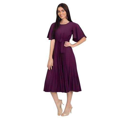 Image of KUDUZO Women's Crepe Long Pleated Below Knee Length Flutter Sleeve Round Neck S to XL Maxi Dress for Girls. (EG-U0IM-B9A1)