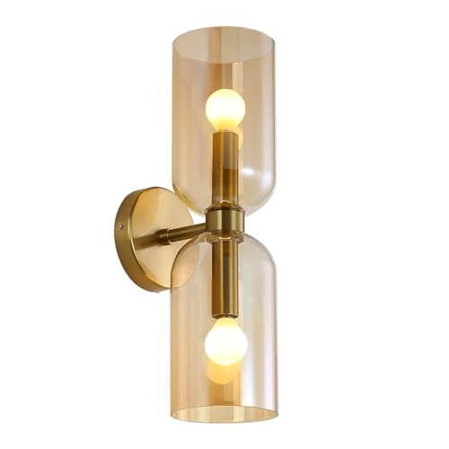 Image of EFINEHOME Minimalist 2-Light Gold Wall Sconces with Cylinder Glass Shades- Mid Century Vanity Wall Double Lights Hardwired- Modern Indoor Glass Wall Mounted Art Decor Lights (Amber, 1 Pack)