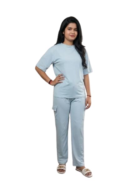 Women's Solid Blue Co-ord Set Half Sleeve T-shirt & Cargo Pants||Casual Half Sleeve T-Shirt and Cargo Pant|Stylish Ladies Cord Set|Latest Track Suit Round Neck|Strechable|True To L-XL-image-38