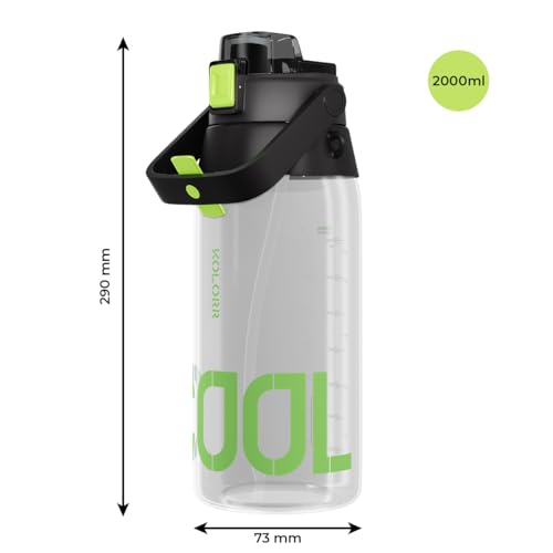 Image of KOLORR Sprint+ 2000 ml Fitness Gym Non-Toxic Water Bottle|Dual Opening Mount Design with Mobile Holder|Motivational Bottle|Durable Handle, Easy to Carrying Strap, One-Click Lock - Black & Green
