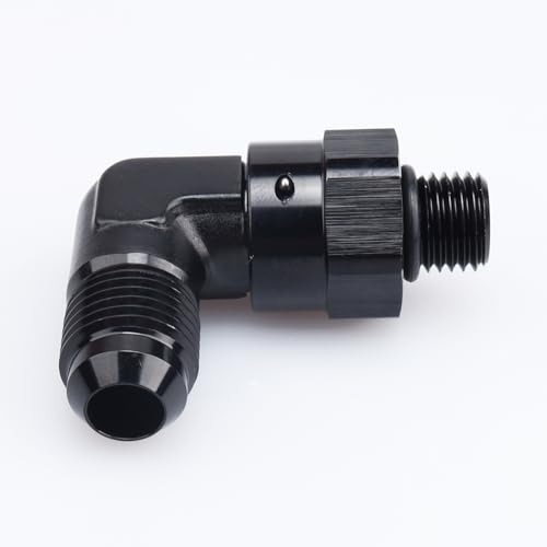 Image of AC PERFORMANCE Black Aluminum 90 Degree -6 AN Male Flare to -4 AN ORB O Ring Port Thread 7 /16 x 20 Swivel Fitting Adapter