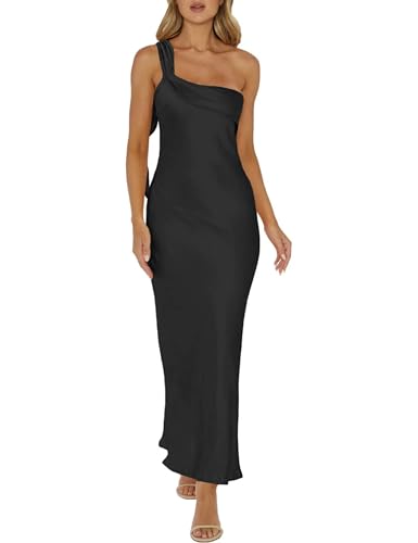 2025 Satin One Shoulder Maxi Dress for Women Summer Silk Formal Elegant Backless Ruffle Sleeveless Wedding Guest Dresses Black