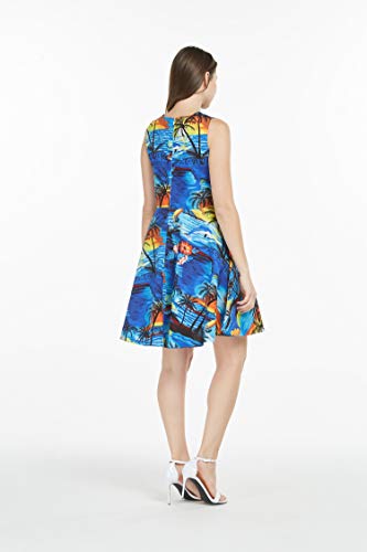 Matching Hawaiian Luau Mother Daughter Fit and Flare Vintage Dresses in Sunset with Dolphin Blue4