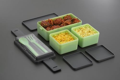 Image of Plastic Lunch Box Comes with 3 Detachable Box, 2 Spoons & Stylish Lid Bpa Free, Air Tight,Easy to Carry in Bagpack Ideal for Office, School & Oudoor Double Decker (Multicolor), 1.4 Liters