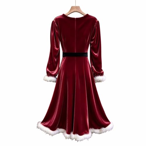 Christmas Dress Women Velvet Ruffle Hem Plush a Line Party Dress Red - image 7