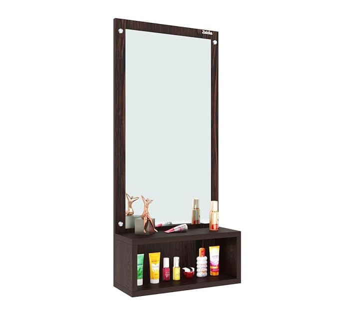 Image of Wall Mounted Dressing Table with Mirror Finish Storage Shelf Compact Wall Vanity Makeup Organizer for Bedroom Bathroom Entryway Space Saving Home Furniture Decor (Dark Brown)