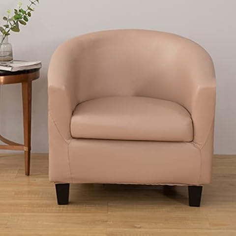 YOPOIY 2 Piece Waterproof Tub Chair Slipcover PU Leather Armchair Cover Solid Color Non Slip Barrel Chair Cover for Living Room Dining -light brown-One size Cover