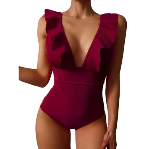 Traje de baño de una Pieza Traje de baño Sexy con Volantes una Pieza Escote en V Profundo for Mujer for for Ropa Playa(Burgundy,XL)