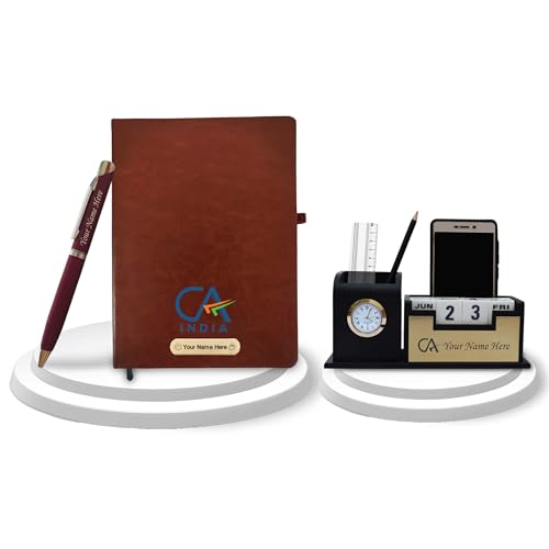 Image of SAVRI Personalized Chartered Accountant's Combo-CA Pen Stand, CA Logo Pen & Black Diary with Engraved Logo & Name Thoughtful Gifts for Financial Professionals. (Brown)