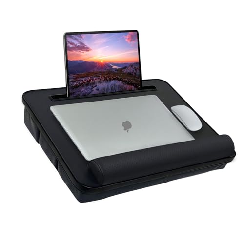 KLEAR Lap Desk. PVC Leather Surface Laptop Lap Desk with Pillow Cushions, Tablet, Phone Slot, Wrist Rest, Fits up to 15.6 inc