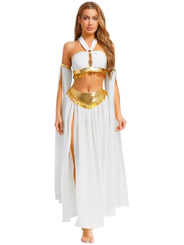 Sxiwei Sexy Bauchtanz Kostüm Damen Halfter BH Mit Lang Tanzrock Glitzer Tanzanzug Bauchtänzerin Karnevalskostüme Weiß M