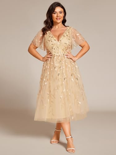 Image of Ever-Pretty Womens Embroidered Tulle Plus Size Cocktail Evening Party Dress A-Line Midi Wedding Guest Dresses for Curvy Women