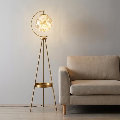 Image of Floor Lamp for Living Room | 3-Color CCT (Warm + Natural + Cold White) | Gold Metal Tripod with Glass Globe | LED Standing Lamp