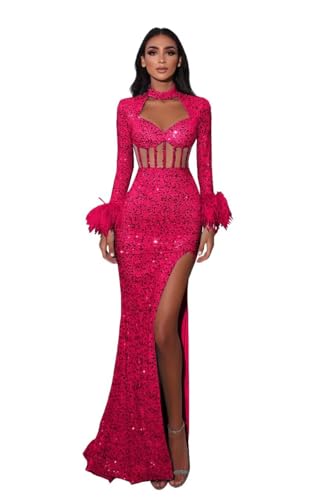 Cutout Mermaid Prom Dress Long Sleeve Feather Sheer Formal Dress for Women with Slit Sequin DR0185