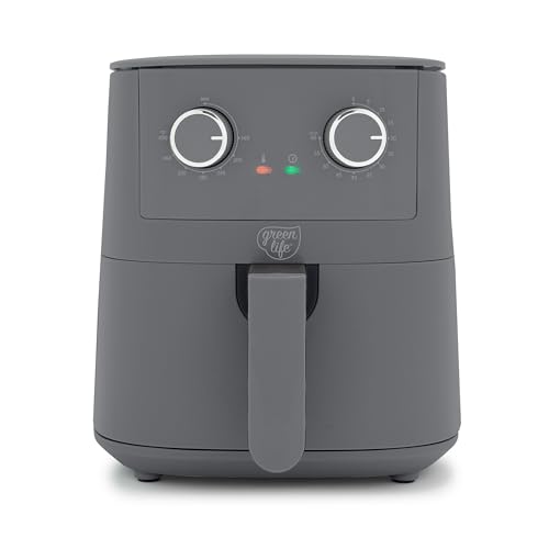 GreenLife 4.5QT Air Fryer, Mechanical Dial Controls, PFAS-Free Ceramic Nonstick Drawer, Adjustable Temp & Timer, LED Indicator, Oil-Less Cooking, Dishwasher Safe, Compact Family Size, Graphite