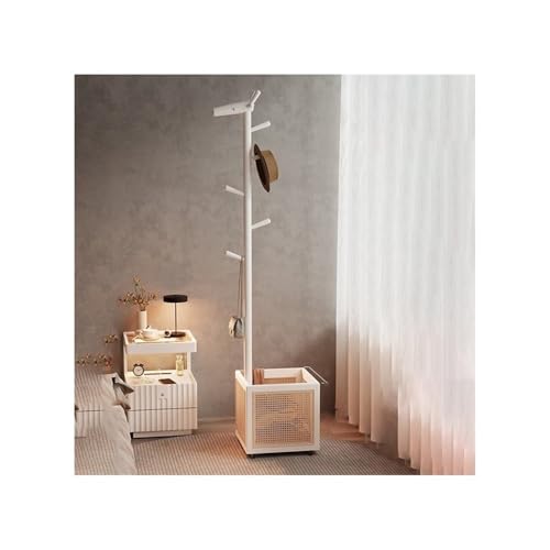 Elegante perchero de madera maciza blanca con diseño de ciervo para dormitorio y sala de estar, organizador de ropa móvil con estante para sombreros y cesta de ropa sucia