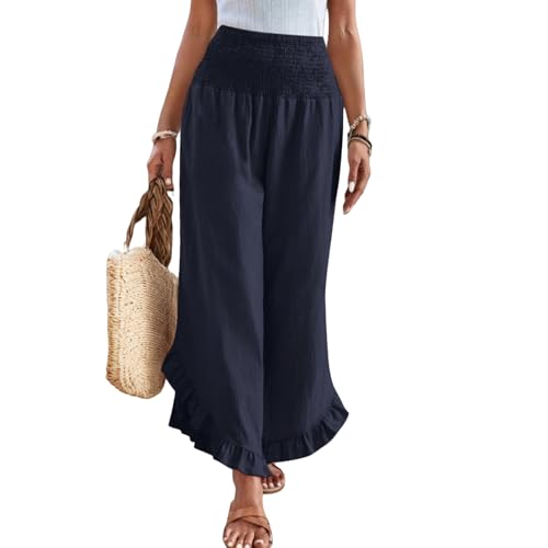 Wide Leg Linen Pants Women Boho High Waisted Ruffle Palazzo Pants Flowy Summer Resort Wear Vacation Beach Trousers