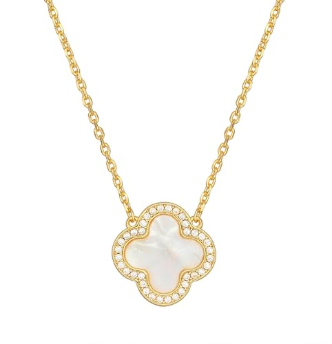 Image of Billet-doux 14k Gold-Plated Clover Necklace for Women, Sparkling Four-Leaf Shiny Clover Pendant with Dazzling Pave CZ Halo, Adjustable Size, Trendy Jewelry Gifts Perfect for Her