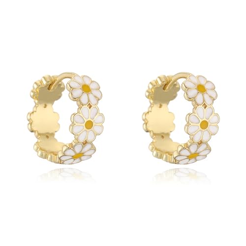 Cute Daisy Flower Hoop Earrings for Women Dainty Yellow White Enamel Lucky Floral Small Huggie Hoops Hypoallergenic Fashion Jewelry for Her Daughter