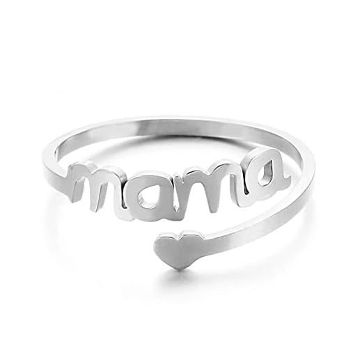 RWQIAN Mama Anillo Personalizado Anillo Mujer Nombre Acero Inoxidable Corazon de Amor Anillo de Mamá Joyería Personalizada Plata
