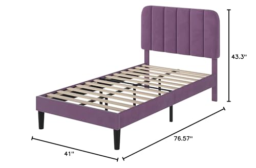 Image of VECELO Twin Size Bed Frame with Upholstered Headboard, Velvet Platform Bedframe Mattress Foundation, Strong Wood Slat Support, No Box Spring Needed,Purple