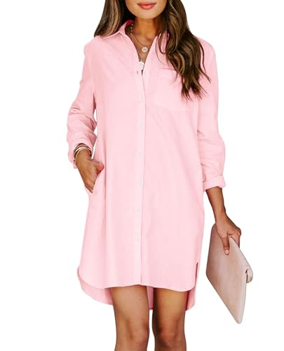 Aoudery Womens Button Down Shirt Dresses with Pockets Cotton Button Up Tunics Long Sleeve Solid High Low Blouse Tops-Light Pink-M