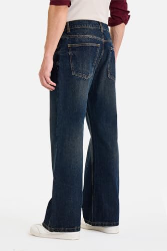 Image of SNITCH Men Flared Fit Jeans | Mid Rise Stone-Washed Denim with Raw Frayed Hem & 5-Pocket Design | 100% Cotton Woven Fabric for Casual & Everyday Wear