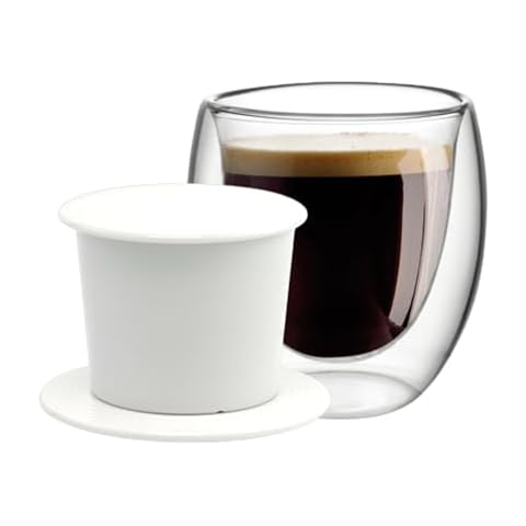 Birdee Premium Vietnamese Coffee Filter and Double Wall Glass Mugs Set, Porcelain Phin and Stylish Presentation Cover