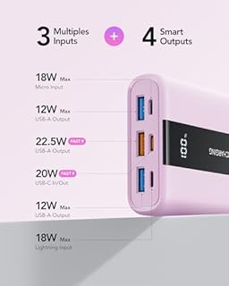 VRURC Mini Power Bank 20000mAh USB C PowerBank Piccolo 22,5 W Ricarica rapida con 4 uscite 3 ingressi Caricatore portatile Travel Essentials Display LED compatibile con iPhone Android -Viola