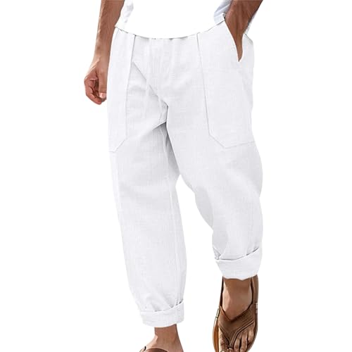 Lightweight Work Pants for Men Solid Elastic Waist Casual Summer Vacation Beach Breathable Linen Pants with Pockets