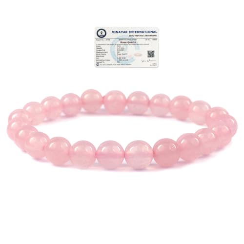 Reiki Crystal Products Natural Rose Quartz Bracelet | Certificate of Authenticity | Attracts Love & Relationship | Rose Quartz Round Beads 8 mm Crystal Stone Bracelet for Men and Women