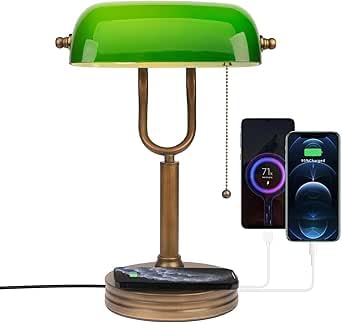 JCPYIUL Grün Glas Bankers Schreibtischlampe, Klassische Tischlampen, Retro Tischleuchte mit Kabellosem Ladegerät USB, Nachttischlampe mit Ladefunktion Antikes Metall Messing Zugkettenschalter