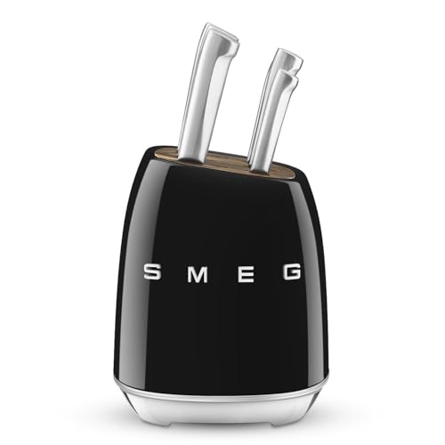 Smeg, Bloc de Couteaux, KBSF02BL, 6 Couteaux Inclus en Acier Inoxydable, Corps de Bloc en Acier Inoxydable et Fente pour Couteau en Bois d’Acacia, Noir