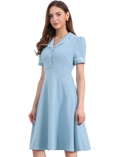Allegra K Peter Pan Collar Dress for Women's Work Puff Sleeve Vintage Dresses