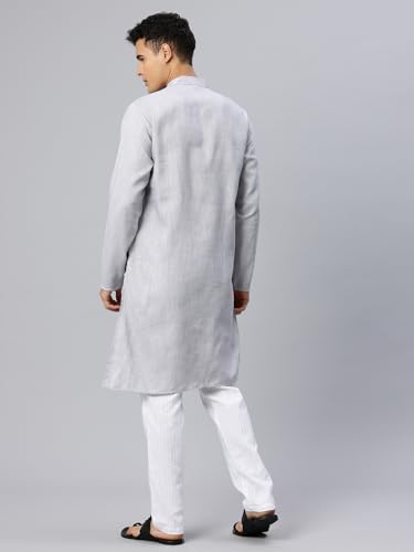 Image of Majestic Man Men's Cotton Regular Fit Traditional Mandarin Collar Ethnic Motifs Solid Long Kurta