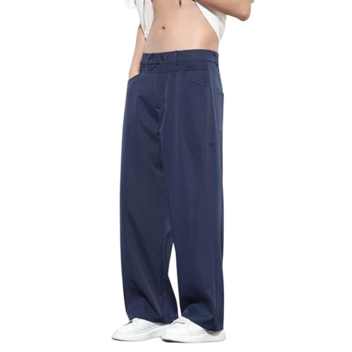 [Poperdision] ズボン メンズ 夏服 スラックス ロングパンツ 冷感 涼しい アイスシル ボトムス セミワイドパンツ 大きい サイズ ゆったり おしゃれ 人気 軽量 薄手 軽快 カジュアル かっこいい ビジカジ クールビズ 春夏秋navy-Lの商品画像（Amazon）