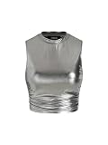 CIDER Metallic Round Neckline Crop Tank Top: Silver, XL