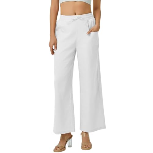 Women's Linen Pants Summer Casual Cotton Wide Leg Palazzo Boho High Waisted Elastic Drawstring Lounge Trousers2