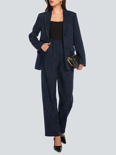 Women's 2 Piece Pant Suit Business Casual Outfits Striped Notched Collar Blazer Wide Leg Pants Sets3